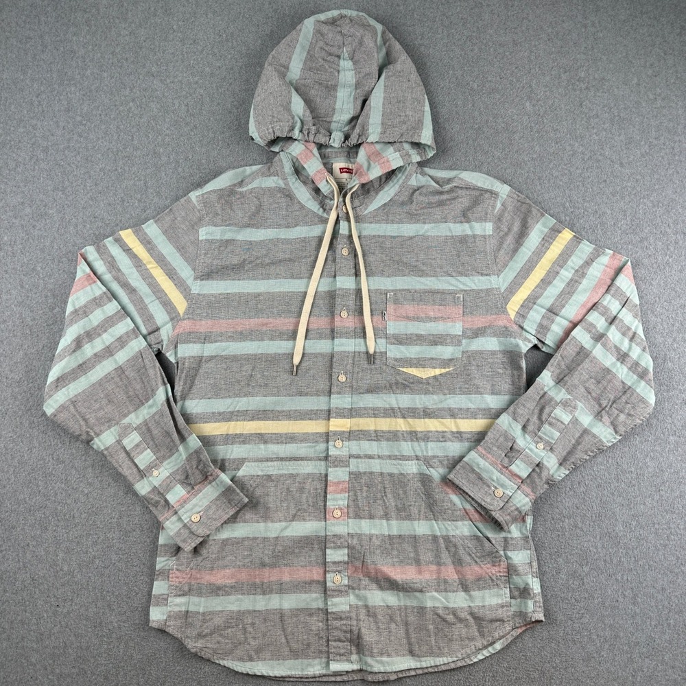 Levis Hooded Shirt Mens XL‎ Multicolor Striped Button Front Long Sleeve Hoodie